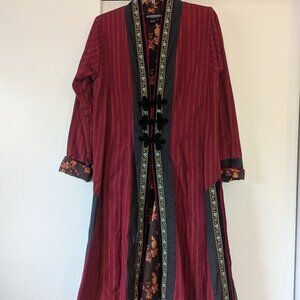 J. Peterman ruby red/orange/brown duster coat